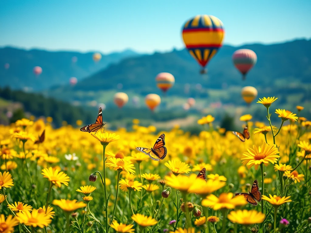 create-an-image-of-a-beautiful-field-filled-with-flowers - KINDCOMPASSCOACH happiness image of a field filled with flowers, butterflies, and colorful hot air balloons, all symbolizing happiness