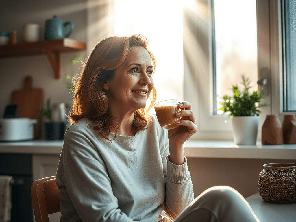 image-of-a-40-year-old-woman-sitting-in-her-home-kitchen - KINDCOMPASSCOACH how to find happiness gratitude and generosity calm, happy woman in her kitchen.