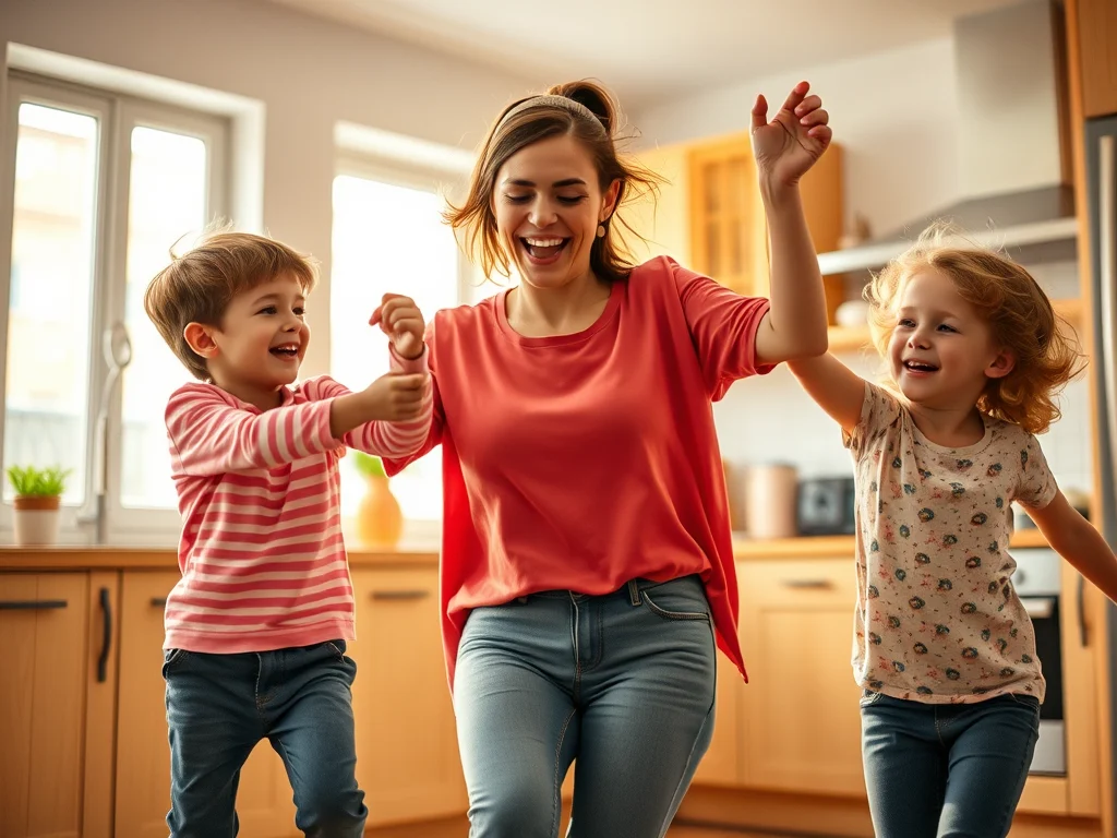 image-of-a-35-year-old-mom-dancing-with-her - KINDCOMPASSCOACH optimal well-being image of a woman dancing with her children in her kitchen