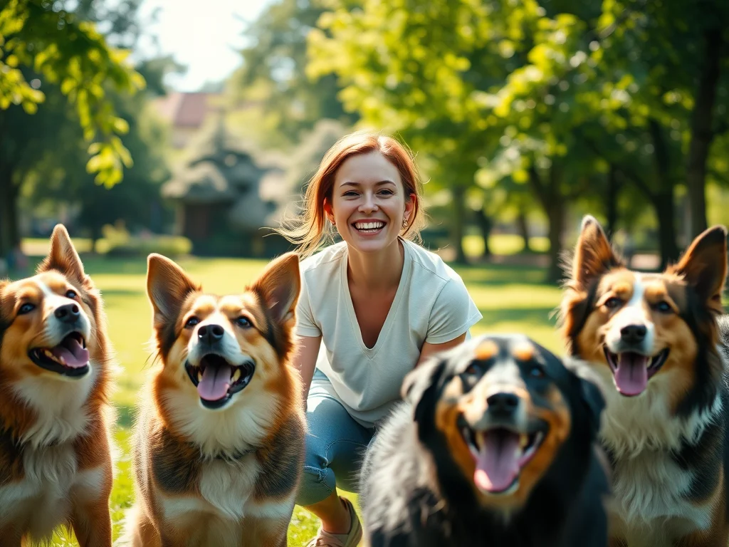 image-of-a-35-year-old-woman-who-is-playing - KINDCOMPASSCOACH discover your passion image of a woman playing with four dogs