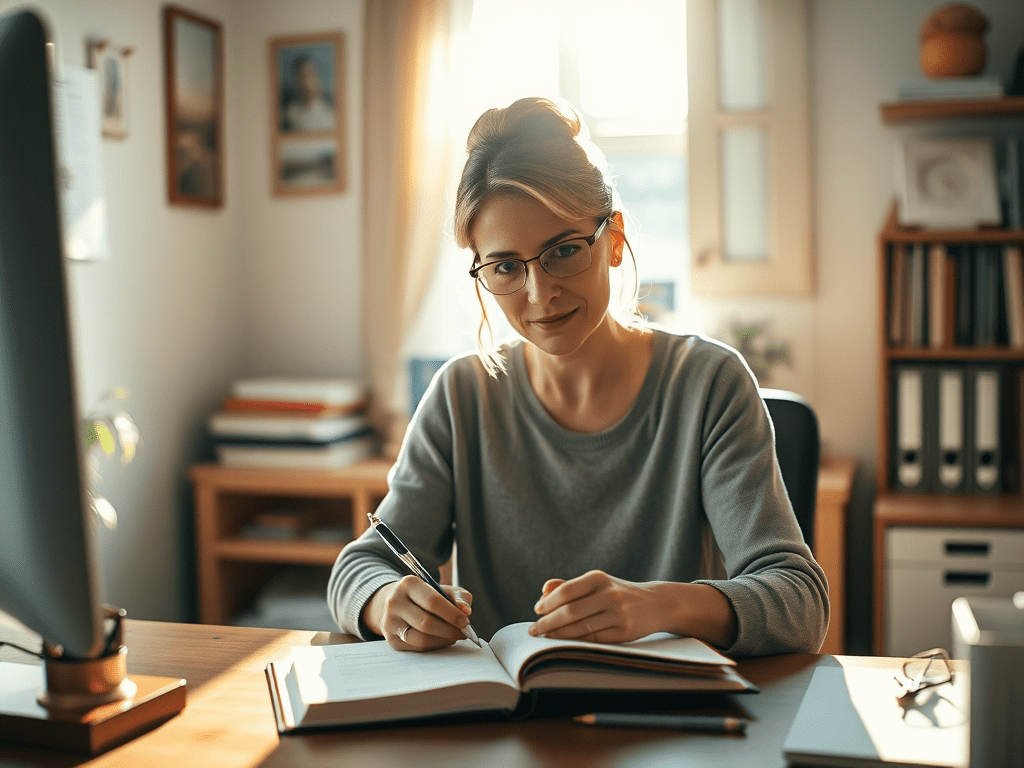 image-of-a-40-year-old-woman-writing-in-her-journal-she - KINDCOMPASSCOACH emotional wellness image of a woman who is journalling