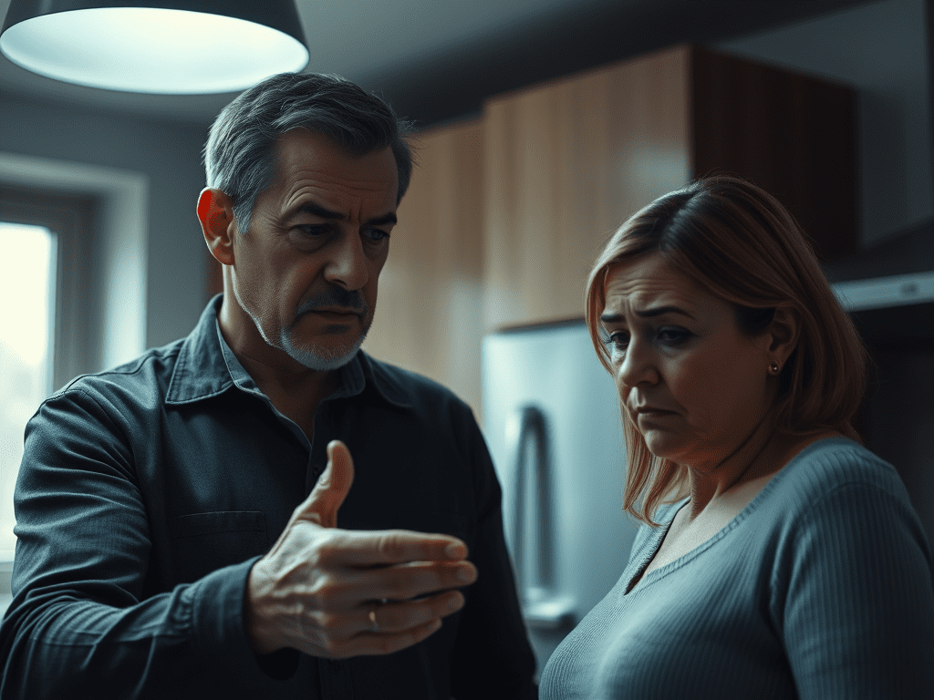 image-of-a-man-and-a-woman-who-are-about - KINDCOMPASSCOACH emotional abuse man and a woman in their kitchen. the man appears to be making the woman sad