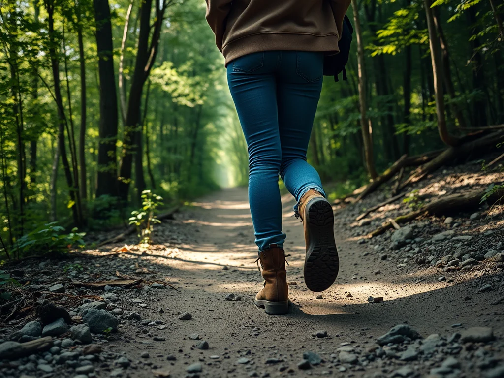 serene-woman-walking-through-the-woods-wearing-hiking-boots-blue - KINDCOMPASSCOACH recover from emotional abuse woman hiking on a path in the woods wearing blue jeans and hiking boots