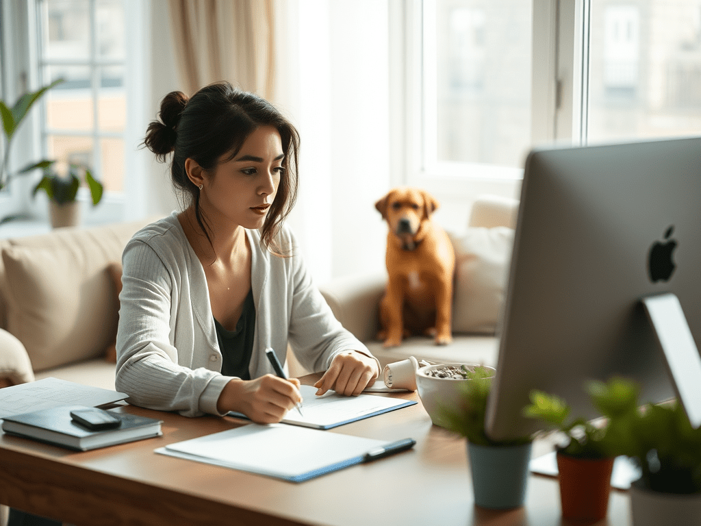 generate-an-image-of-a-woman-compelting-a-questionnaire-at - KINDCOMPASSCOACH image of a woman completing an arrested development questionnaire with a sofa in the background