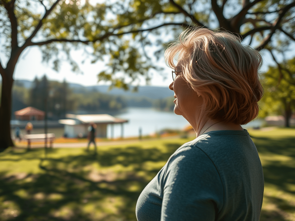 image-of-a-40-year-old-woman-in-a-park-the-picture - KINDCOMPASSCOACH relieve anxiety through mindfulness image of a woman in a park near a lake