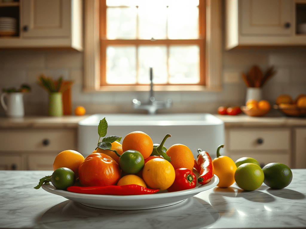 image-of-a-white-plate-with-citrus-fruits-and-colorful - KINDCOMPASSCOACH vitamins and supplements image of a plate filled with colorful peppers and citrus fruit