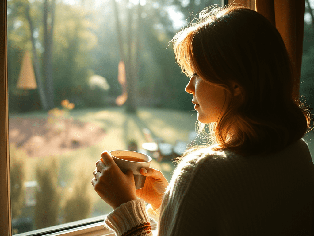 image-of-a-woman-drinking-a-warm-cup-of-tea - KINDCOMPASSCOACH self-care treat woman drinking a cup of tea and looking out the window at her wooded backyard