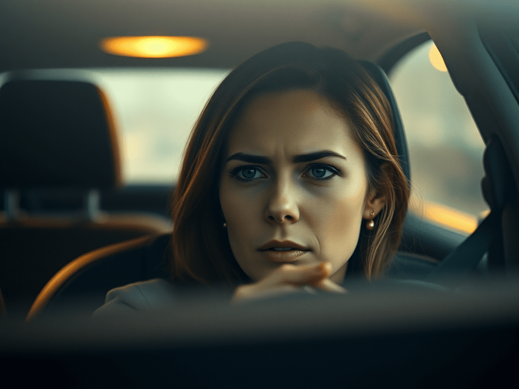 image-of-a-woman-in-a-car-who-looks-stressed - KINDCOMPASSCOACH stress awareness image of a woman who is in a car and looks stressed and worried
