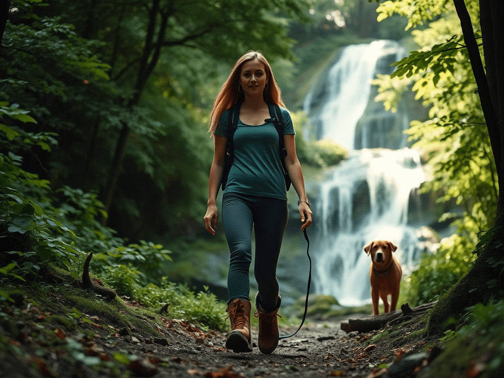 image-of-a-woman-walking-through-the-woods-there-is - KINDCOMPASSCOACH self-care on a budget image of a woman walking on a path in the woods with her dog