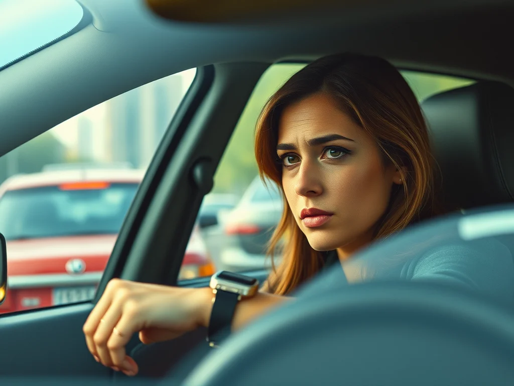 image-of-a-woman-who-is-driving-in-traffic-she - KINDCOMPASSCOACH how to know a good fitbit stress management score image of a woman who is driving and looks stressed