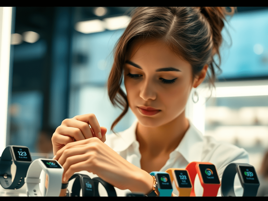 image-that-shows-a-variety-of-fitbit-watches-and-accessories - KINDCOMPASSCOACH Fitbit stress management score woman picking out a fitbit