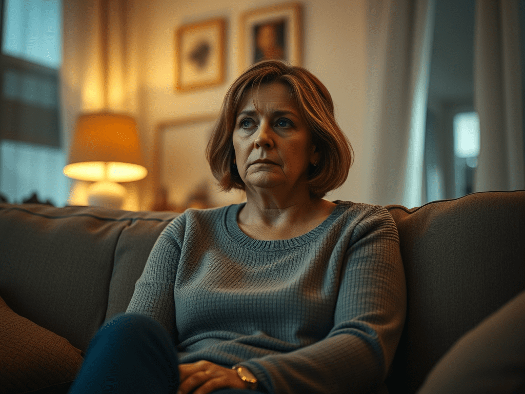 35-year-old-woman-who-is-sitting-on-the-sofa-in-her - KINDCOMPASSCOACH signs of depression woman sitting on a sofa in her home looking listless and depressed