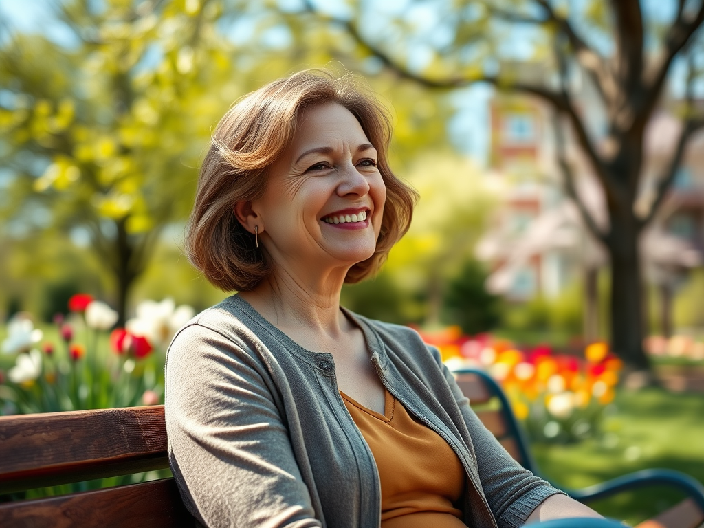 image-of-45-year-old-woman-who-looks-content-and-happy-she - KINDCOMPASSCOACH psychological flexibility woman seated on a park bench on a spring day