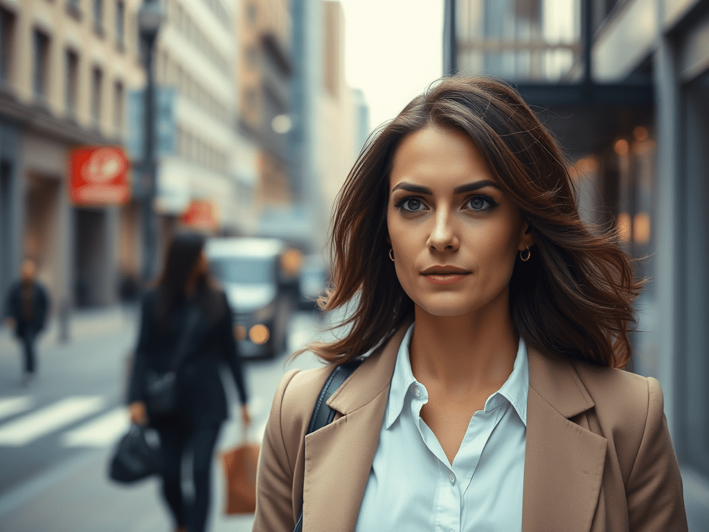 image-of-a-35-year-old-professional-woman-who-is - KINDCOMPASSCOACH anxiety disorders image of a woman walking down a city street