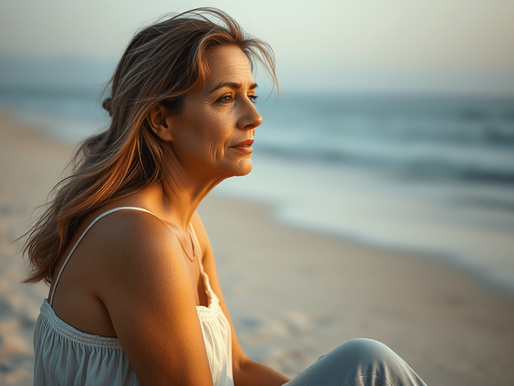 image-of-a-45-year-old-woman-who-is-sitting - KINDCOMPASSCOACH ACT acceptance and commitment therapy 45-year-old woman who looks pensive but calm gazing out at the beach