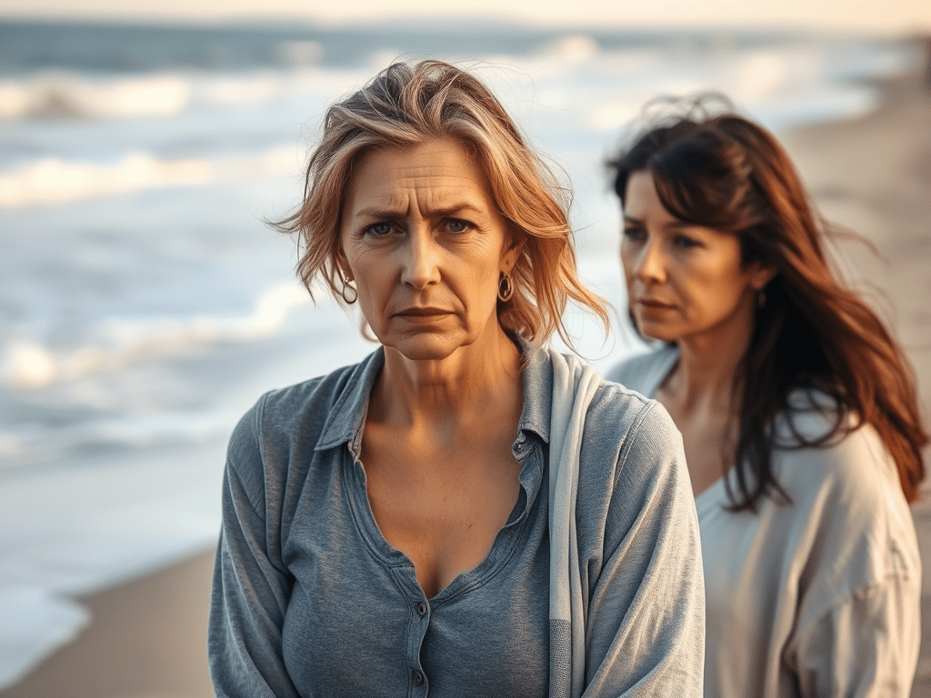 image-two-40-year-old-women-walking-on-the-beach-one-of - KINDCOMPASSCOACH depressed loved one two women together on a beach
