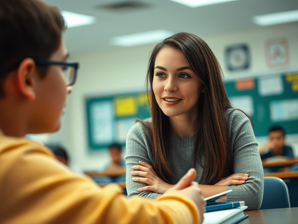 image-of-a-high-school-student-who-is-being-counselled - KINDCOMPASSCOACH arrested development and learning image of a teenage student being counseled by a female teacher in a classroom