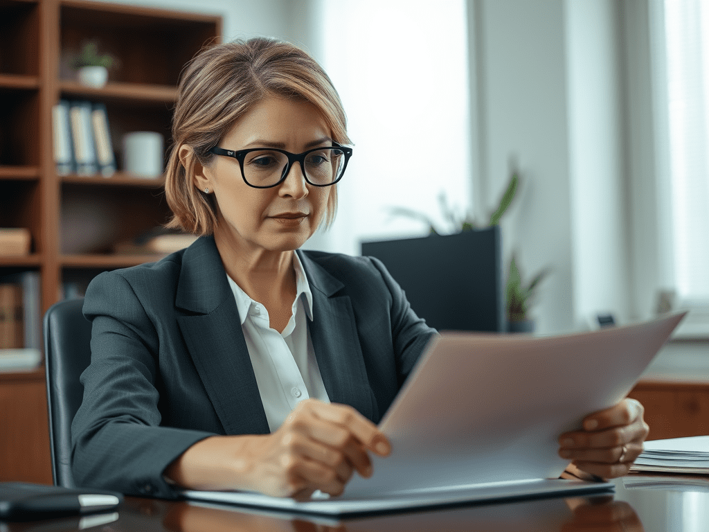 image-of-an-executive-looking-at-a-document-on-her - KINDCOMPASSCOACH cover letter female executive looking at a document while seated at her desk