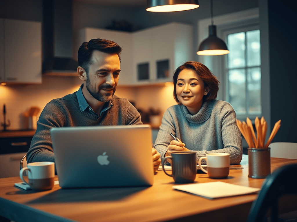 man-and-a-woman-sitting-at-their-kitchen-table-creating - KINDCOMPASSCOACH finance basics man and woman seated at their kitchen table working on a household budget