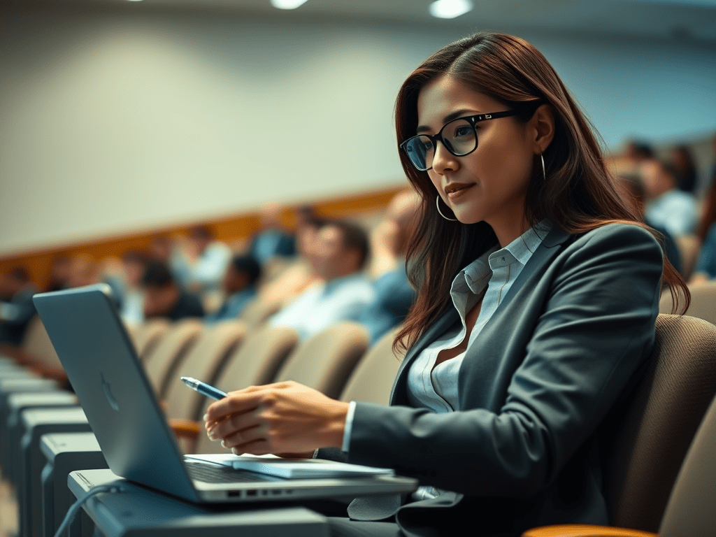 show-a-35-year-old-woman-seated-in-a-college - KINDCOMPASSCOACH go back to school image of a 30 year old professional woman seated in a college lecture hall