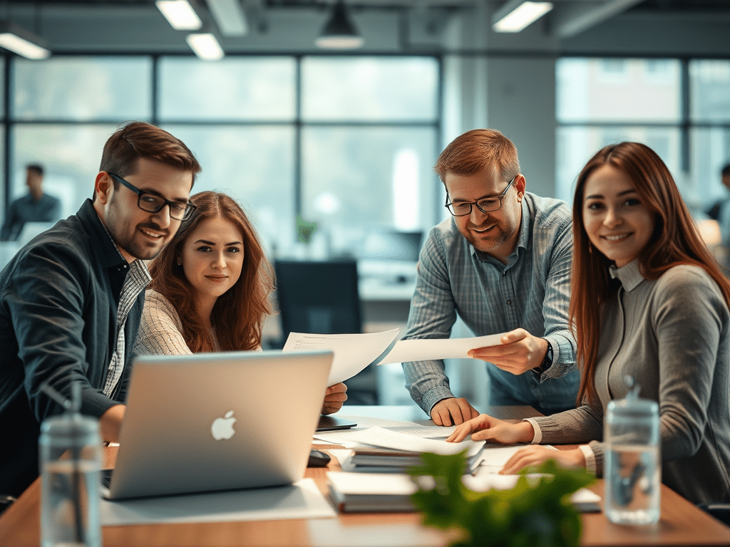 show-a-team-of-5-co-workers-who-are-actively-collaborating - KINDCOMPASSCOACH hyper independence group of co-workers actively collaborating on a project