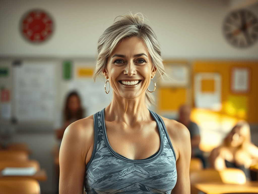 create-an-image-of-a-woman-who-is-45-years - KINDCOMPASSCOACH happy, healthy woman in exercise clothes she looks like she is her best self