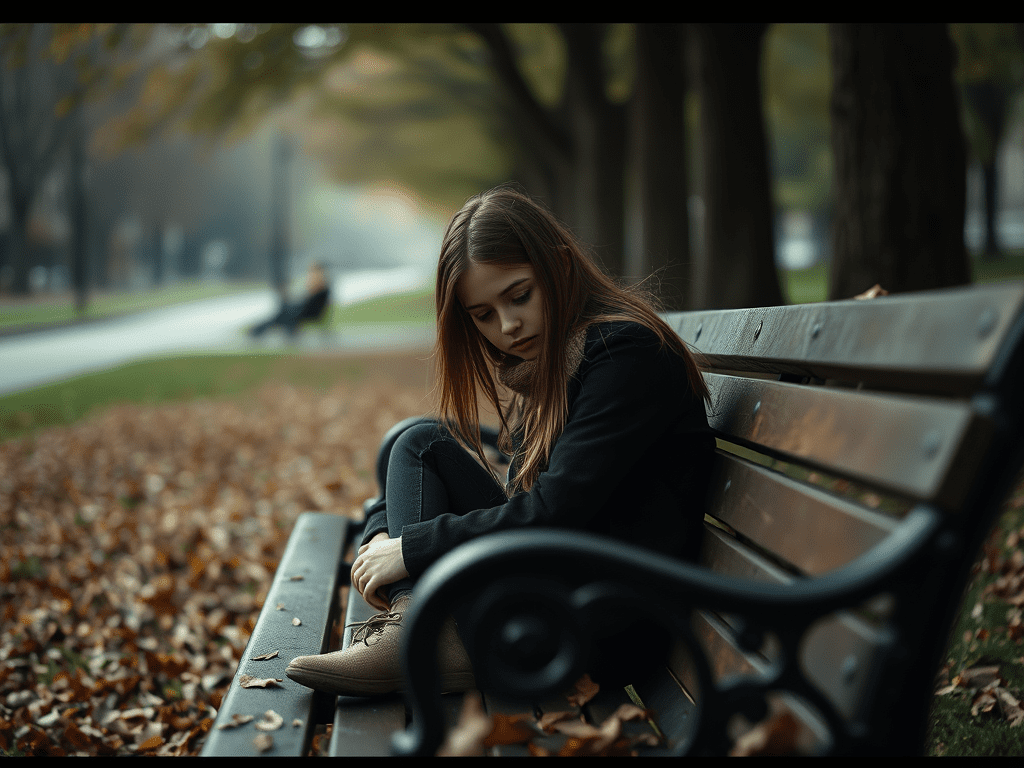 image-of-a-sad-young-girl-sitting-alone-on-a - KINDCOMPASSCOACH little T trauma sad young girl sitting on a park bench