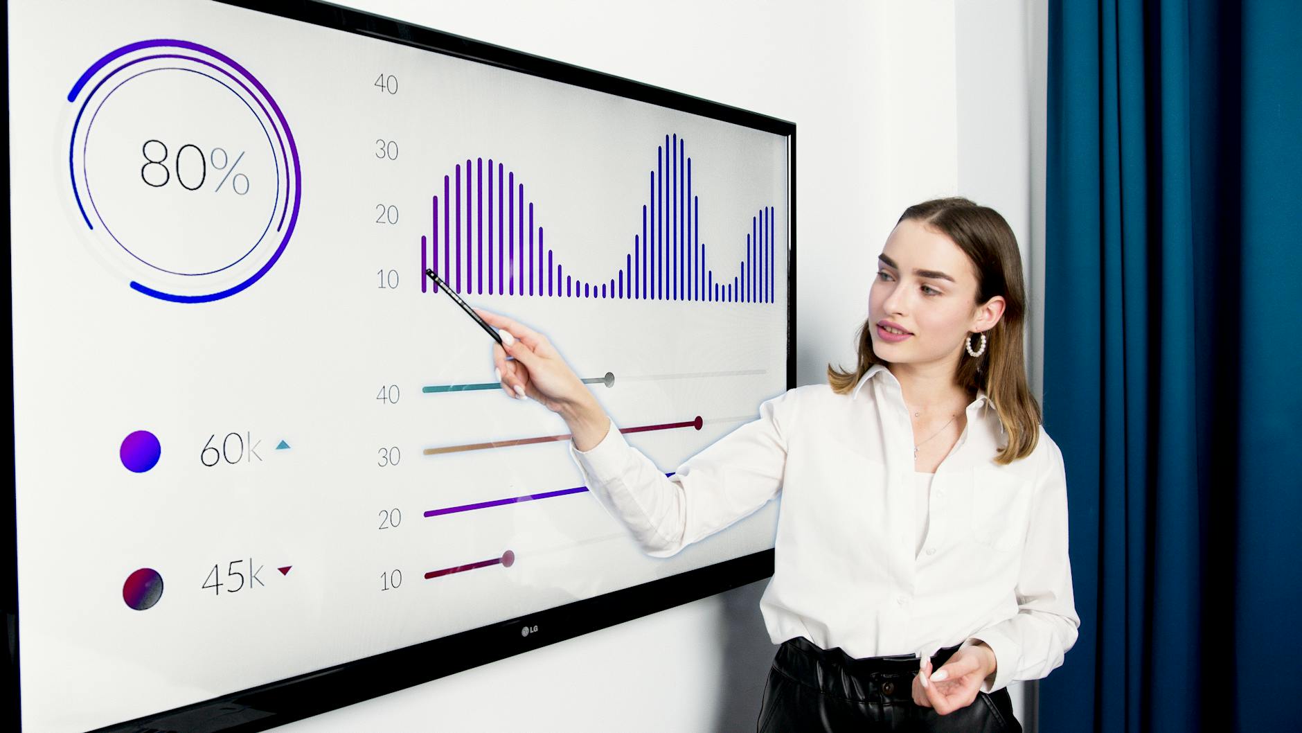 woman in white dress shirt standing beside projector screen