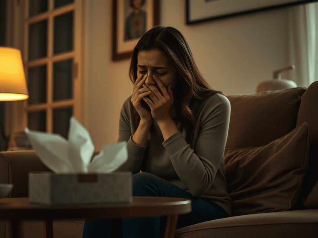 woman-who-is-distraught-and-upset-she-is-sitting-on - KINDCOMPASSCOACH it is difficult to cure arrested development image of a sad woman sitting on a sofa with a box of tissues