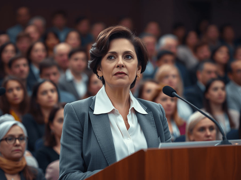 show-a-professional-woman-behind-a-podium-in-an-auditorium - KINDCOMPASSCOACH professional woman speaker behind a podium wearing a blouse and suit jacket