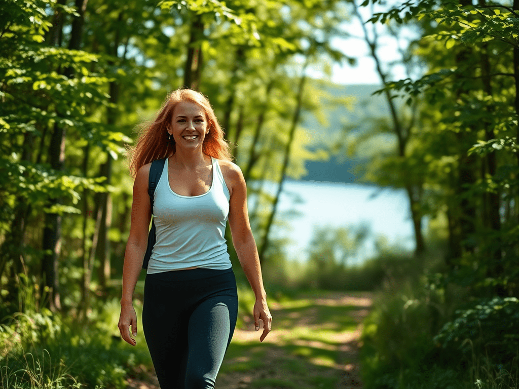 45-year-old-woman-who-looks-fit-and-happy-and - KINDCOMPASSCOACH how to get motivated. image of a happy, healthy, woman walking on a path near a lake