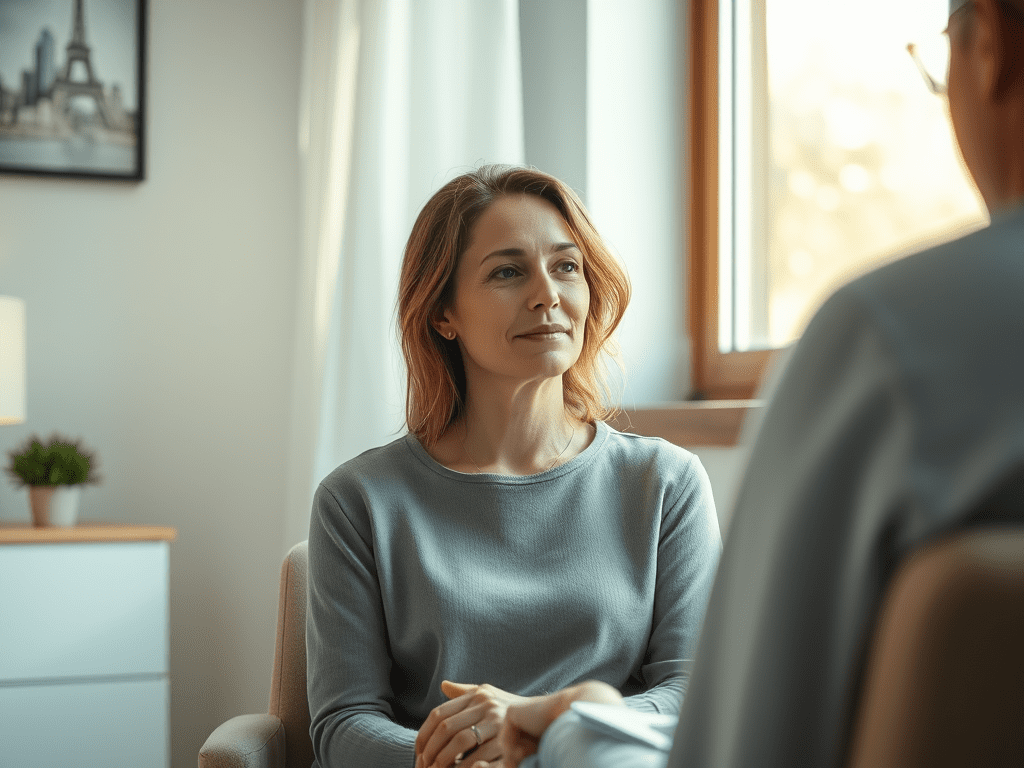 image-of-a-35-year-old-woman-in-a-therapy-session-with - KINDCOMPASSCOACH how to heal from trauma. image of a woman in a therapy session