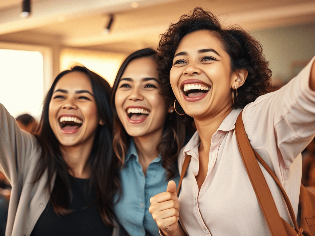 image-of-two-women-celebrating-their-progress-towards-achieving-their - KINDCOMPASSCOACH cure perfectionism photo of three women who are celebrating their success