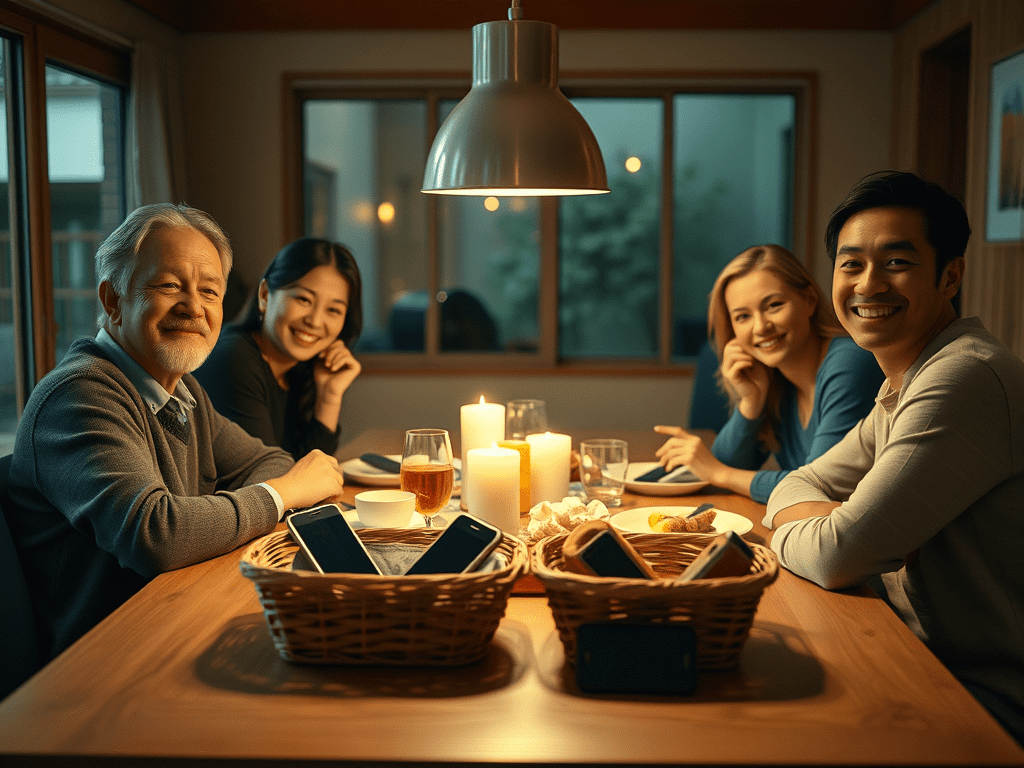 image-of-four-family-members-around-the-dinner-table-their - KINDCOMPASSCOACH digital well-being four friends out to dinner, their phones are in a basket on the table