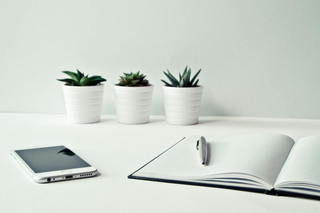 pexels-photo-796602 - KINDCOMPASSCOACH personal growth plan and personal growth goals three white ceramic pots with green leaf plants near open notebook with click pen on top