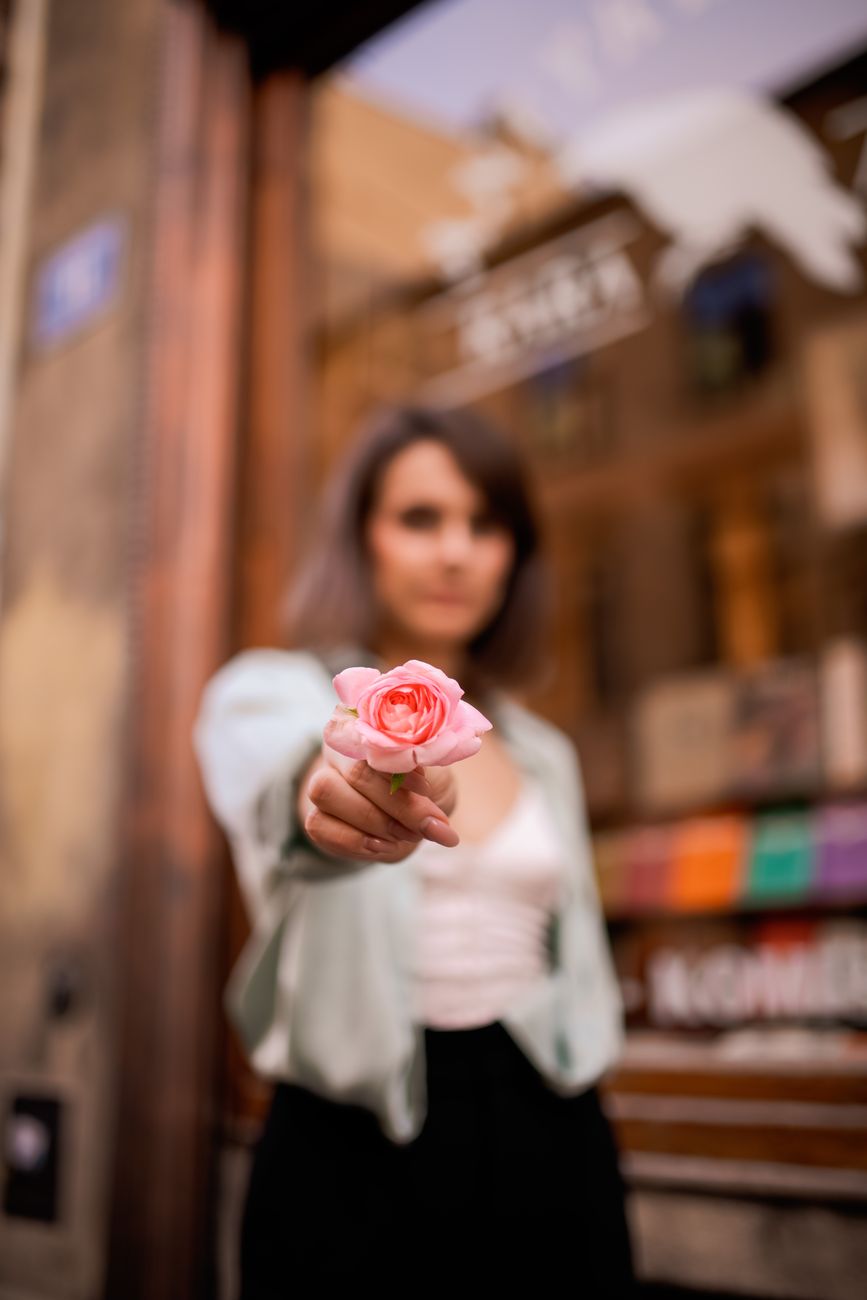 woman holding a pink rose