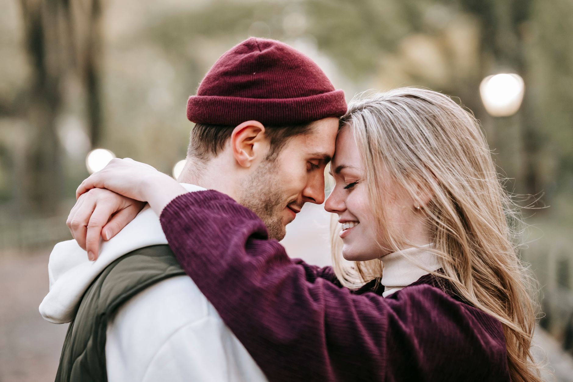 loving couple embracing in park